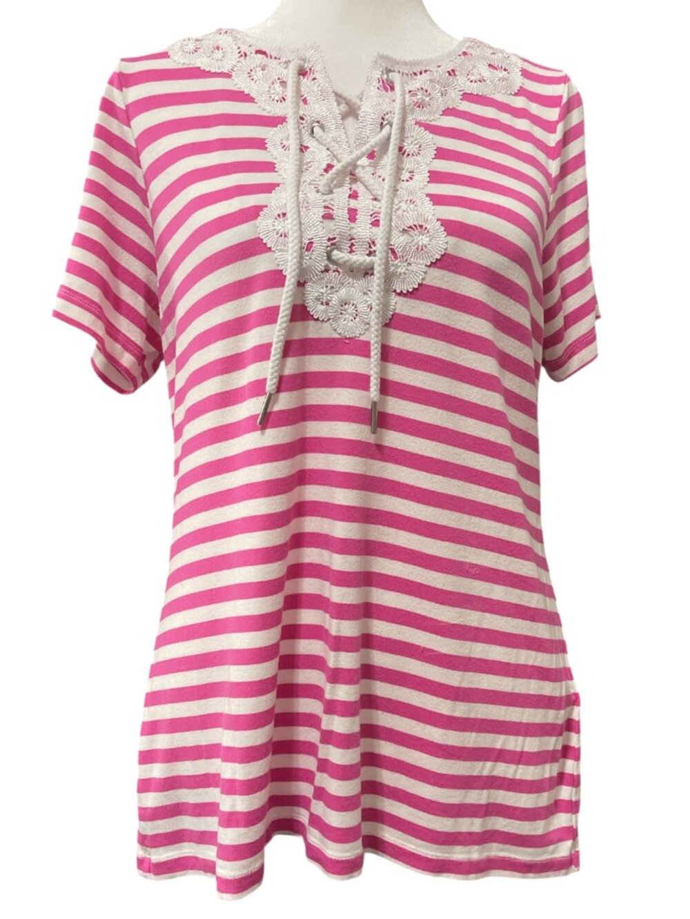Pink and White Stripped Short Sleeve Lace Lace-Up Top